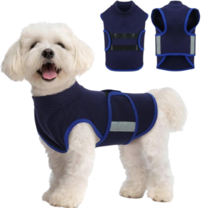 MIGOHI Dog Anxiety Relief Coat, a comfortable and adjustable calming vest for small dogs, helps ease stress during fireworks, thunderstorms, travel, or separation. This navy blue XS jacket is designed to provide gentle pressure, offering comfort and relief for anxious pups.