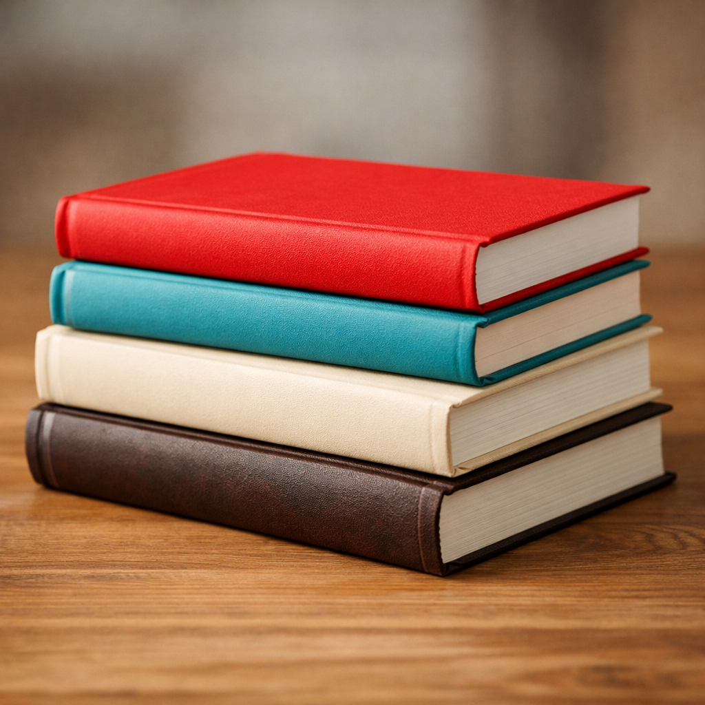 a stack of books only. No titles.