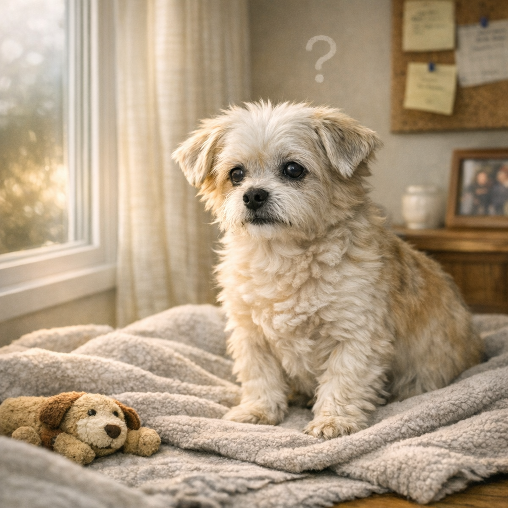 A gentle morning light falls across the small senior dog as it sits quietly, eyes soft and thoughtful. This moment captures the subtle beauty of aging — a reminder that cognitive changes in older dogs deserve patience, understanding, and compassionate care.