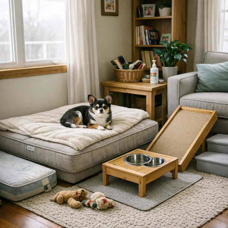 this image displays what a comfortable space could look like for an arthritic dog.