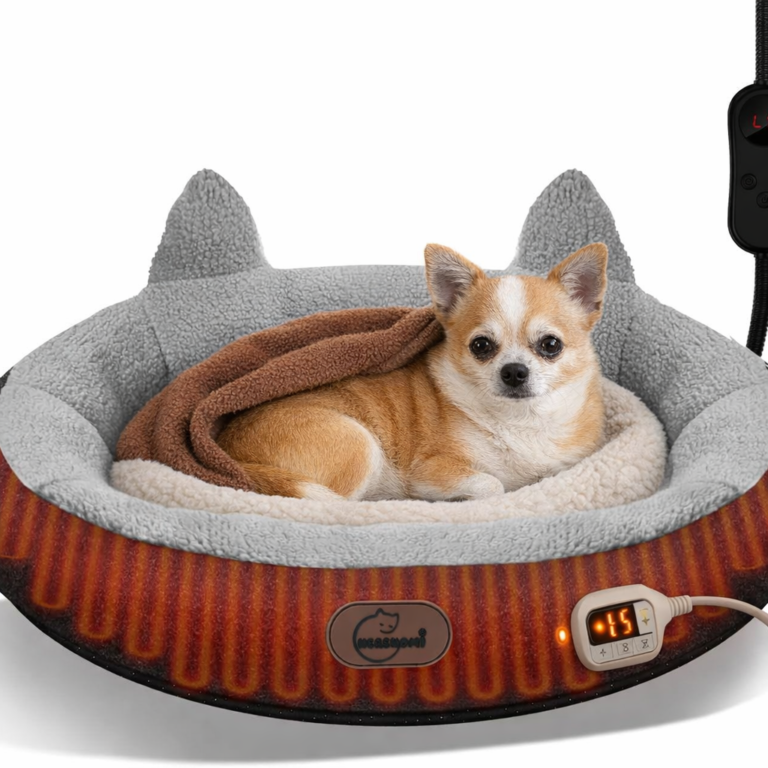 A small Chihuahua mix is curled up in a heated bed, soaking in its warm glow and snug design, completely content as it enjoys the gentle heat and comfort.