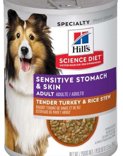 Hill's Science Diet Sensitive Stomach & Skin, Adult 1-6, Stomach Sensitivity Support, Wet Dog Food, Turkey & Rice Stew, 12.5 oz Can, Case of 12