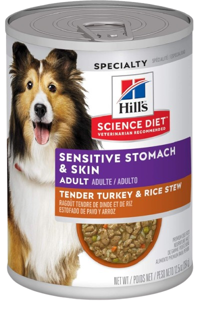 Hill's Science Diet Sensitive Stomach & Skin, Adult 1-6, Stomach Sensitivity Support, Wet Dog Food, Turkey & Rice Stew, 12.5 oz Can, Case of 12