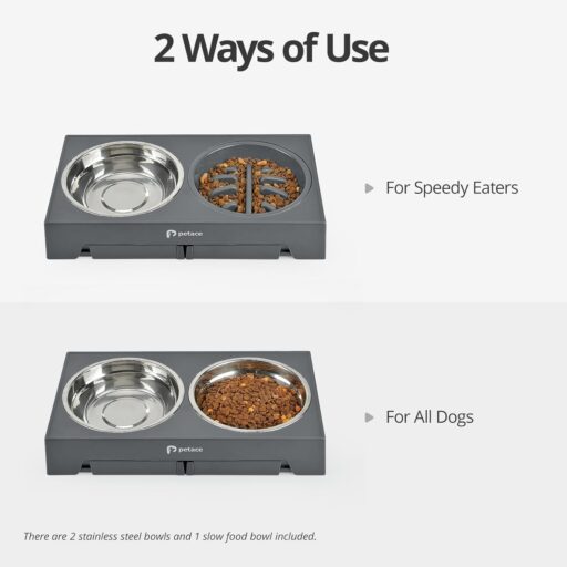 Petace Elevated Dog Bowls 1A Petace Elevated Dog Bowls with 2 Stainless Steel Dog Food Bowls and 1 Dog Slow Feeder Bowl, 5 Heights Adjustable Raised Dog Bowl for Small Medium Large Dogs...
